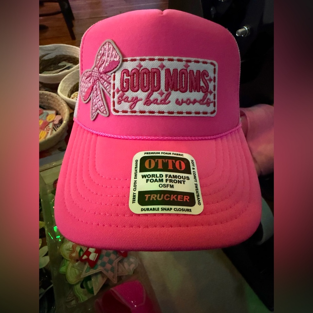 OTTO Bright Pink Trucker Hat with Good Moms Say Bad Words & Bow Patch - Picture 1 of 5